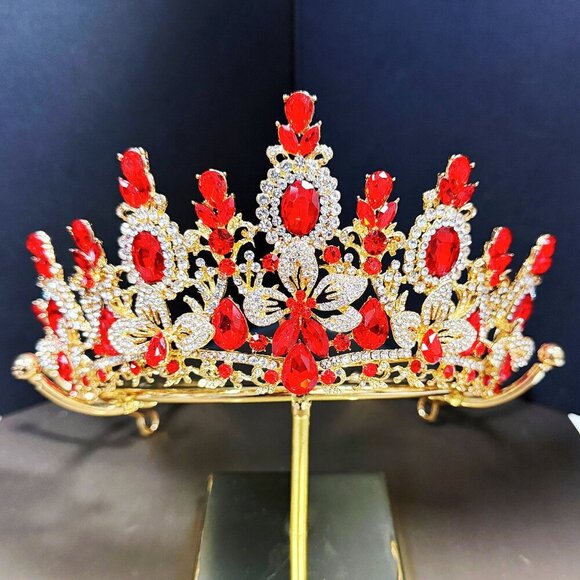 Princess Flower Crown, Floral Tiara, Birthday Party Crown, Red Crystal Tiara - Picture 1 of 8